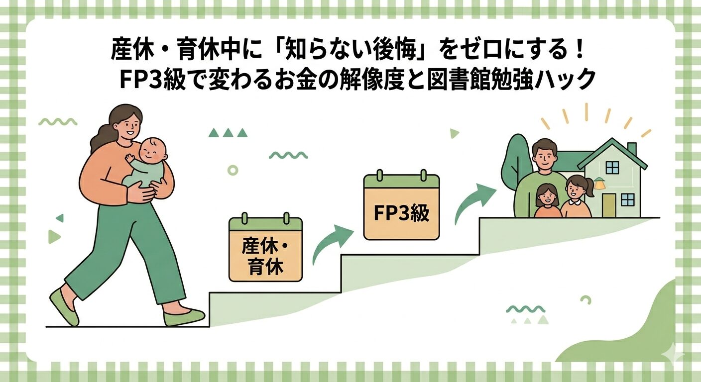 産休・育休中の時間を活用してFP3級を取得し、家計の「知らない後悔」をゼロにするステップを表現。階段を一段ずつ登るように知識を深め、最終的に家族の安心と理想の暮らしを実現するポジティブなロードマップを描いたイラスト。