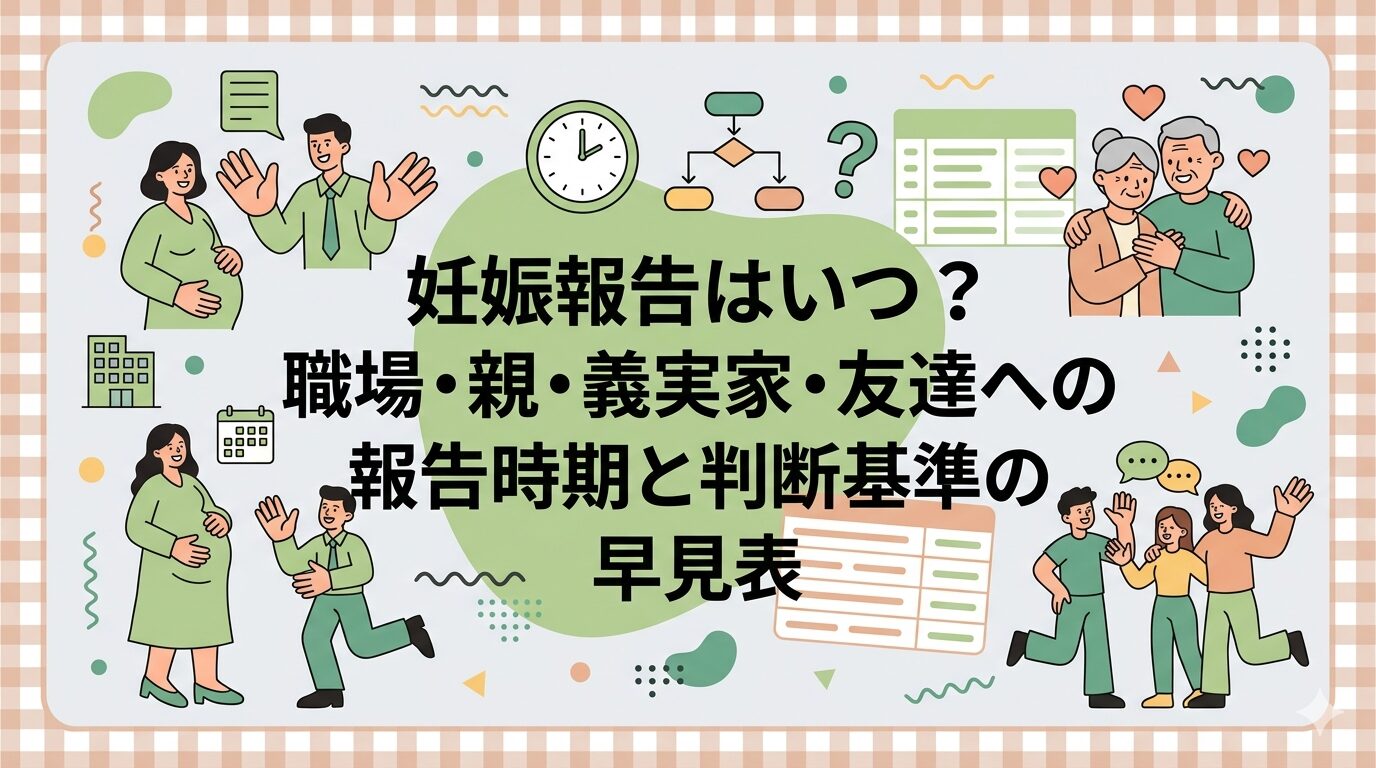 淡いギンガムチェックのフレームに、ペールセージ色の有機的なブロブをあしらったフレンドリーな画像。中央に「妊娠報告はいつ？職場・親・義実家・友達への報告時期と判断基準の早見表」というテキスト。周囲に妊婦、上司、祖父母、友達のデフォルメされたフラットなベクターイラストと、時計やチェックリストなどのアイコンがある。